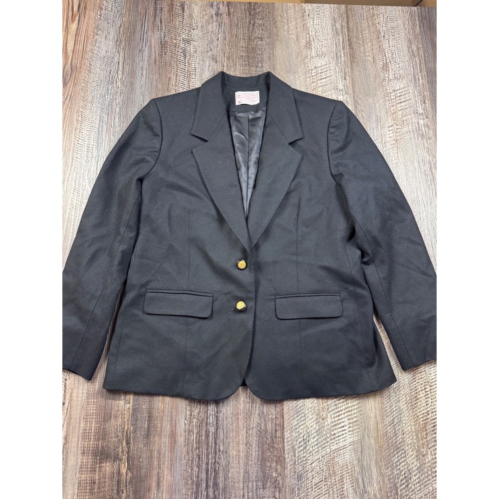 Petite Pendleton Vintage Black Wool Blazer Gold Crest Button Made in USA 0562